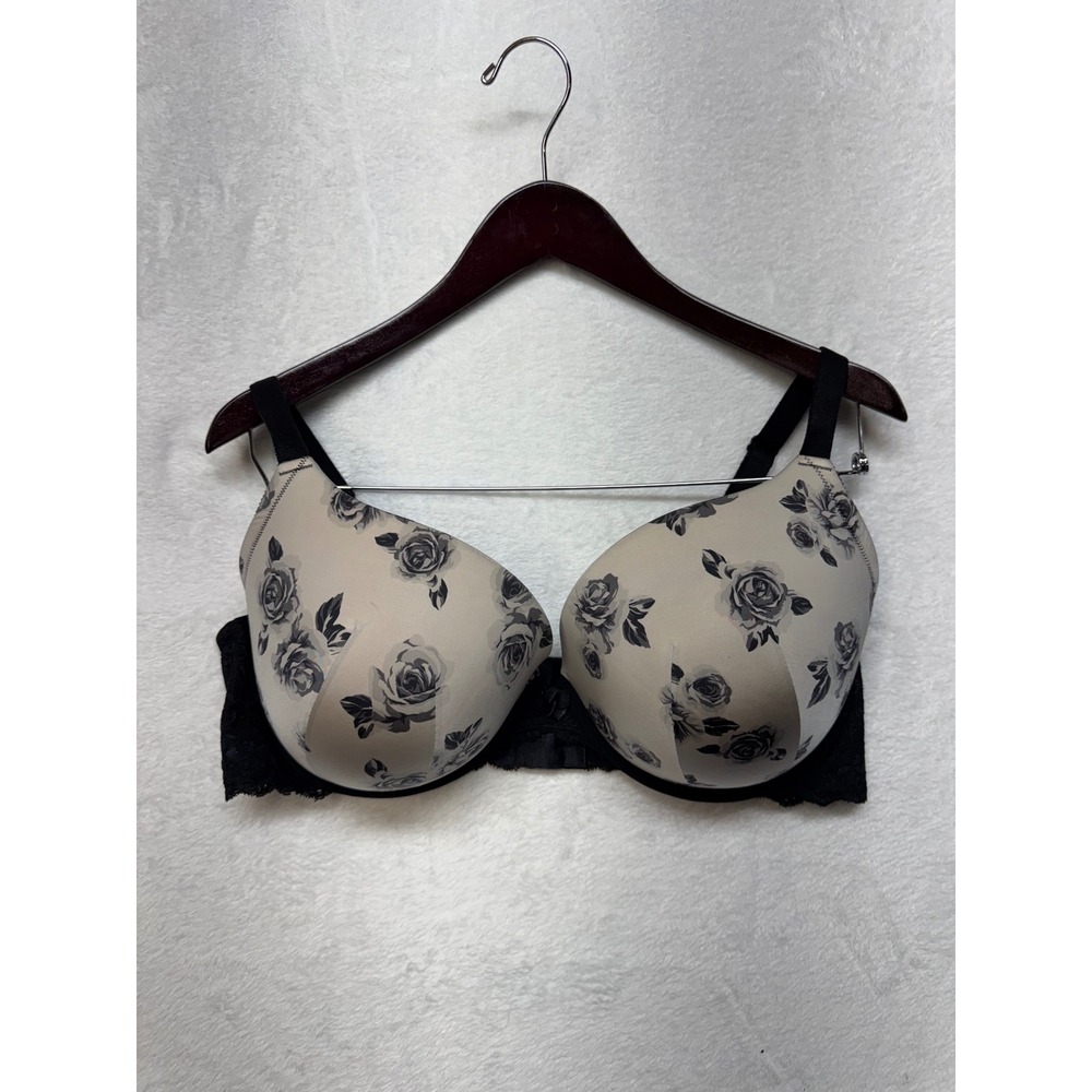 Torrid 44DD Push Up Bra Black Grey Rose Floral Lace Underwire Padded 44 DD